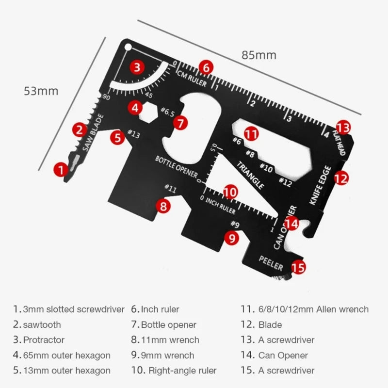 15 in 1 Stainless Steel Multitool Card Credit Card Sized Wallet Multitools for Hiking, Camping, and Emergency Situations