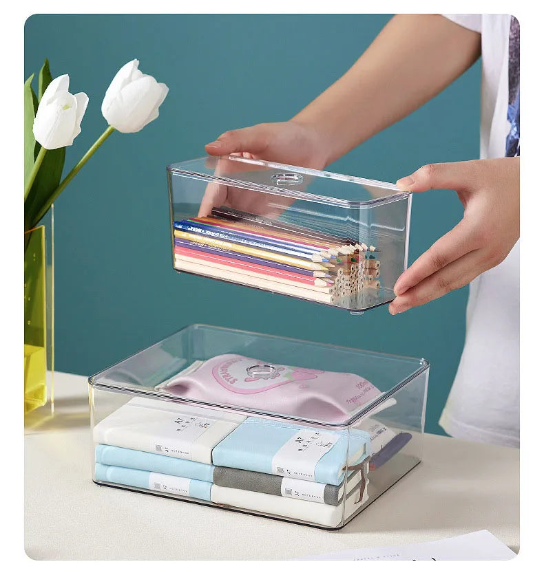 Draw Organizer Acrylic Box With Lid Clear Desk Organizer Box Make up Cosmetics Organiser Office Stationery Storage Box Organizer